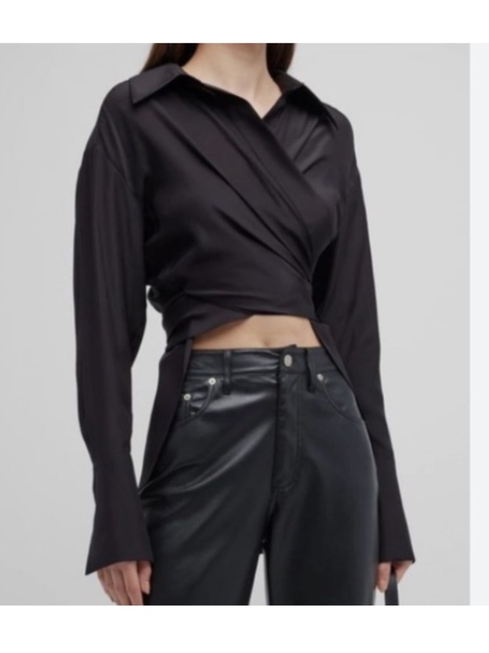 GAUGE81 Revolve Black Silk Wrap Long Cuffed Sleeves Top.